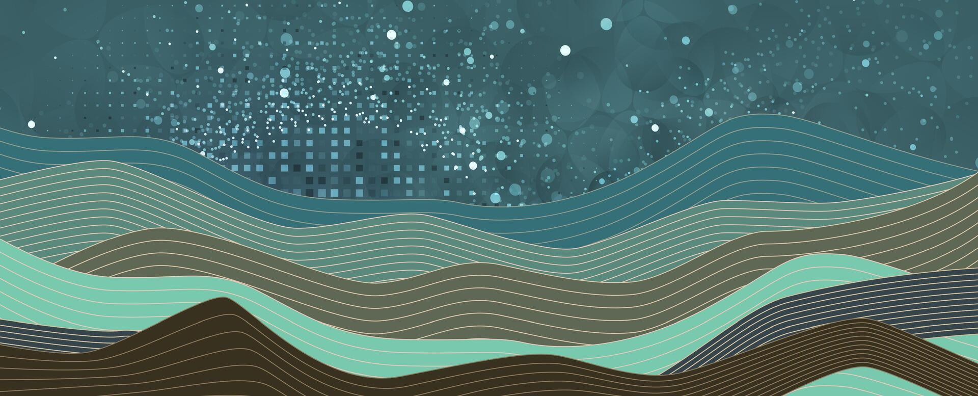 a painting of waves and buildings in the night vector