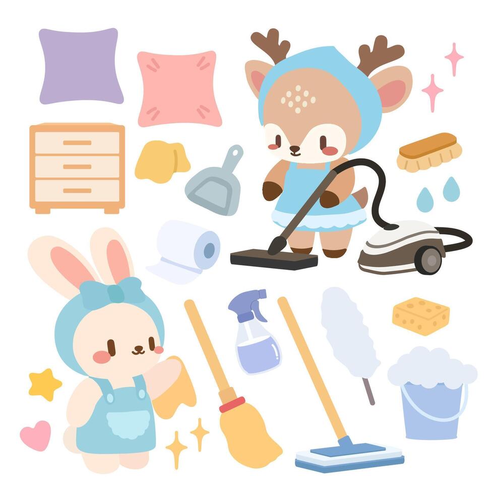 Animals cleaning with colorful tools and supplies vector