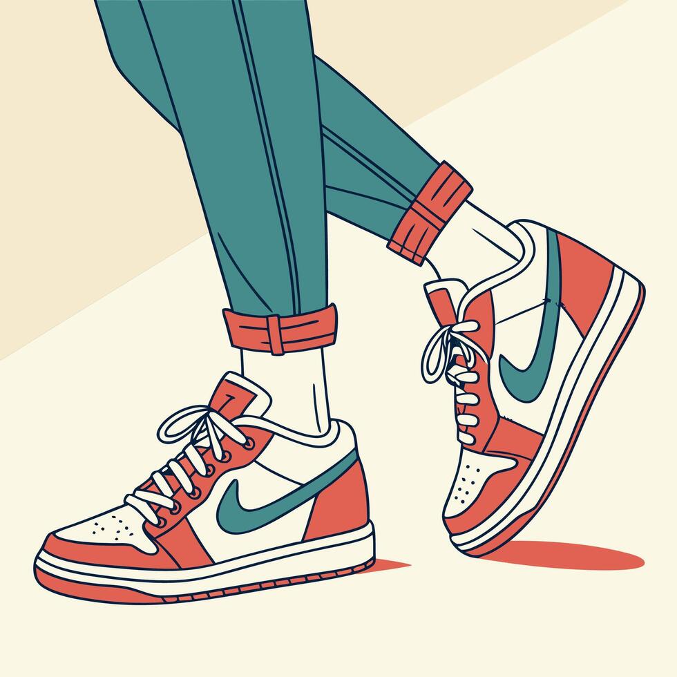 Sneakers Illustration Teal Red and White Nike Shoes with Jeans vector