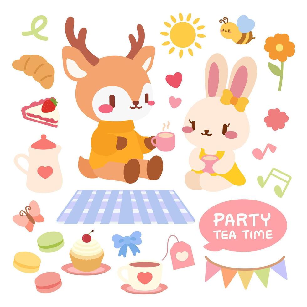 Bunny and deer tea party illustration vector