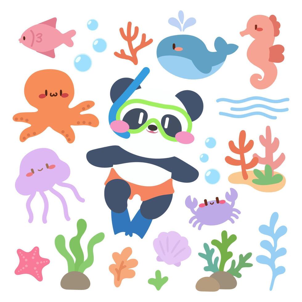 Panda snorkeling with sea animals vector