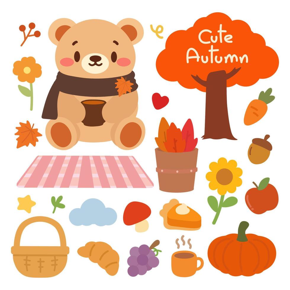 Cute bear with autumn decorations vector