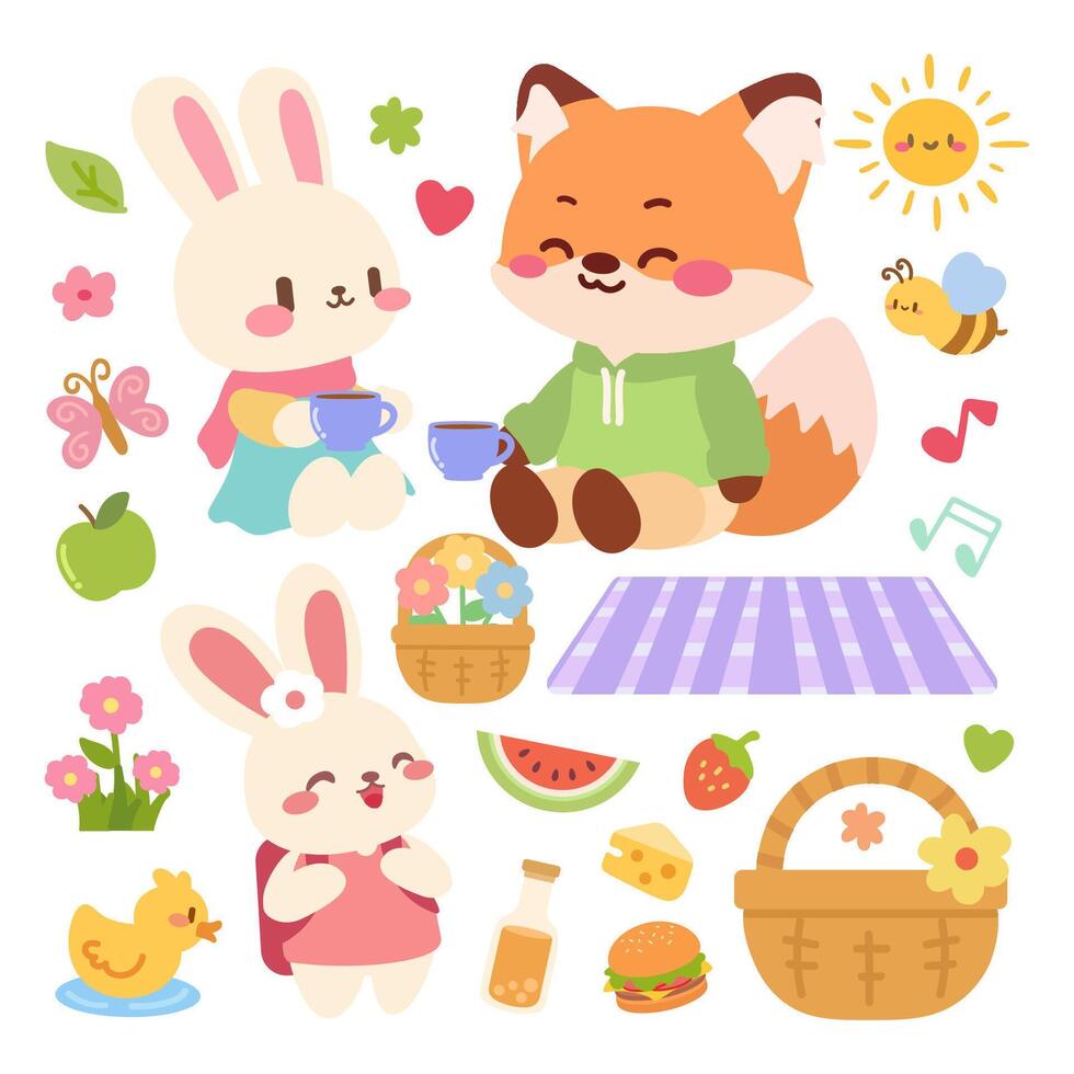 Cute fox and bunnies enjoying a picnic vector