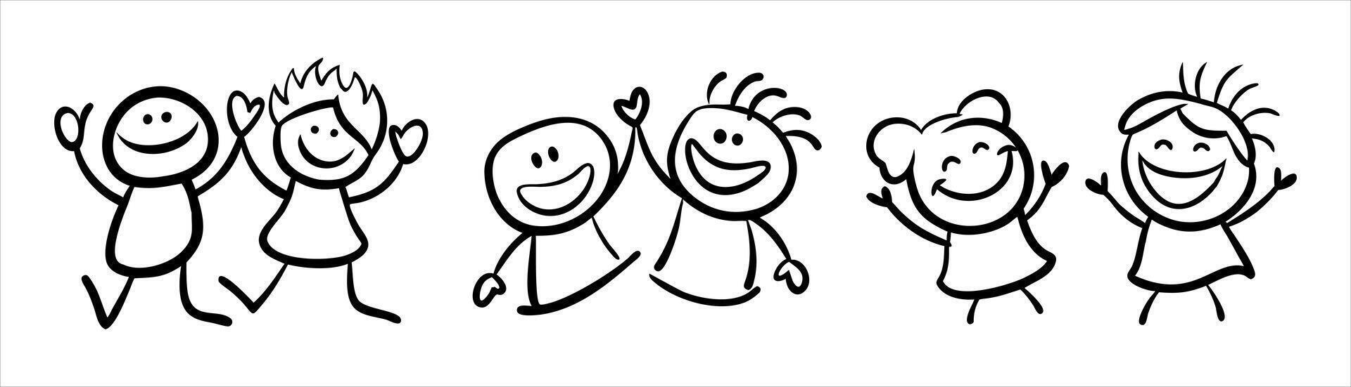 Cartoon Children Drawing, Cute Kids Line Art Sketch vector
