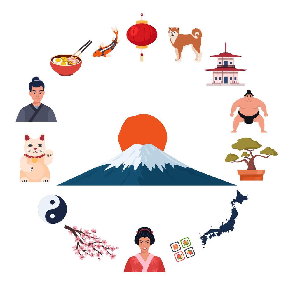 Japanese culture symbols. Geisha, samurai, katana, Mount Fuji, bonsai, Maneki Neko lucky cat, sakura, pagoda, bamboo, sushi, sumo, torii gate. Travel Japan. vector