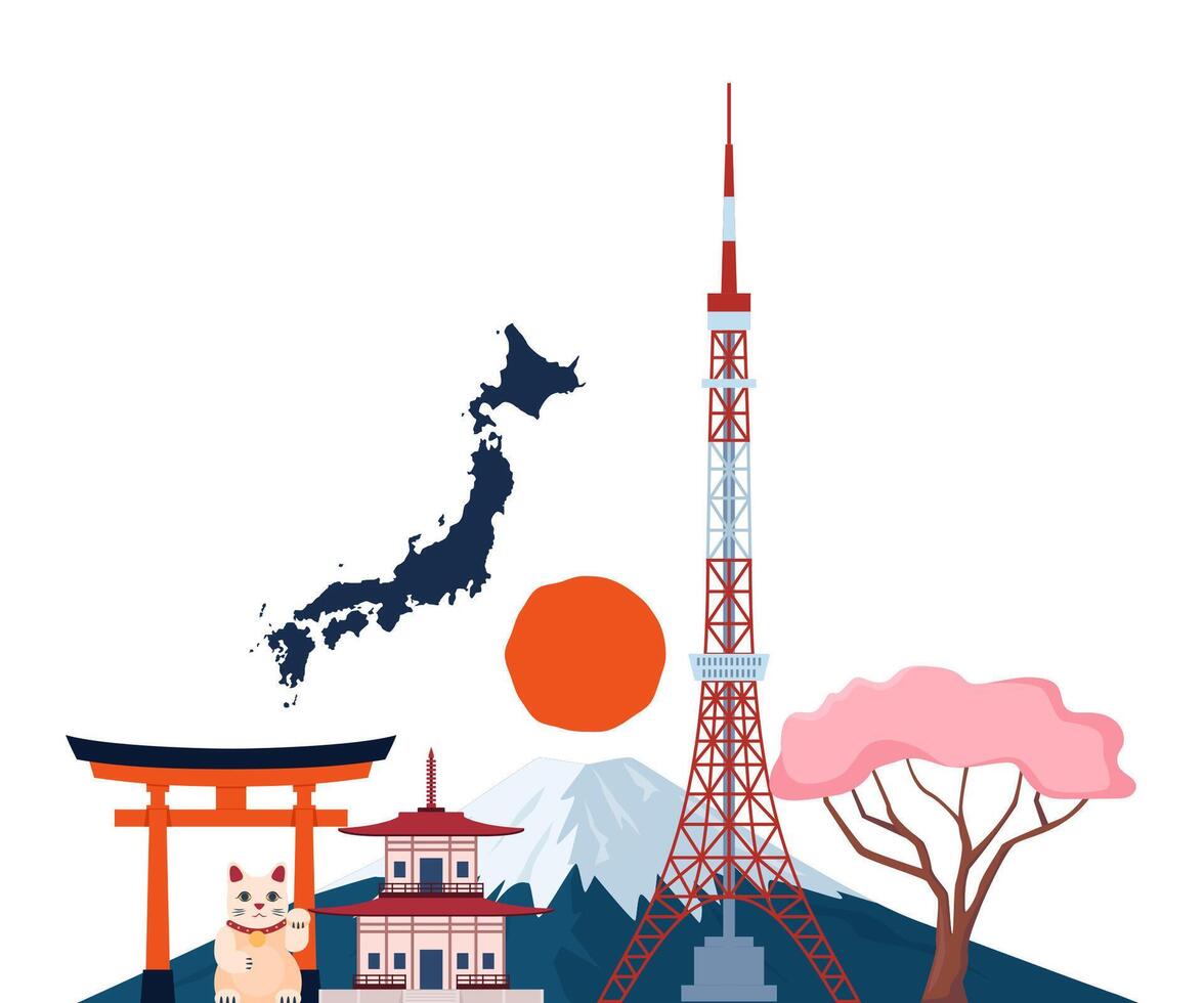 Japanese Traditional culture symbols composition. Tokio tower, Mount Fuji, Maneki Neko lucky cat, Japan map, pagoda, sakura, torii gate. Travel to Japan. illustration. vector