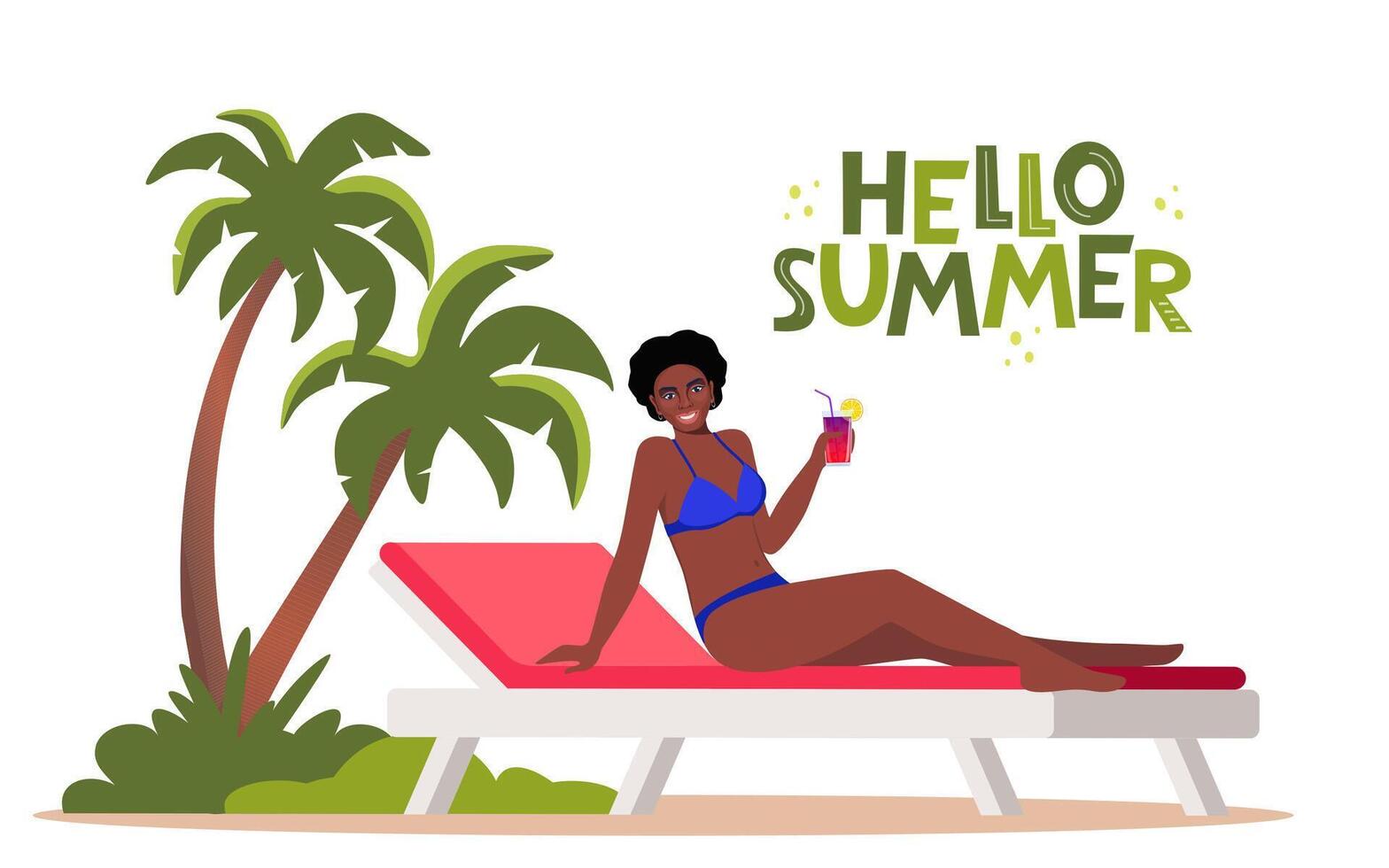 Black woman dressed in swimsuit sunbathing on the beach with cocktail in her hand and smiling. Girl on sun bed. Hello Summer lettering vector