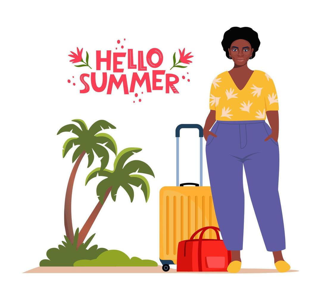 Black woman stands beside luggage, ready for travel. Palms and Hello Summer lettering. Concept of adventure, journey, summer trip vector