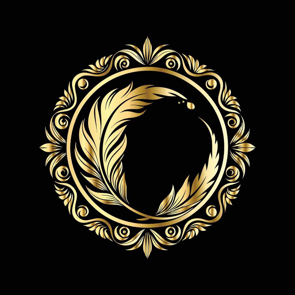 golden feather in a circle on black background vector