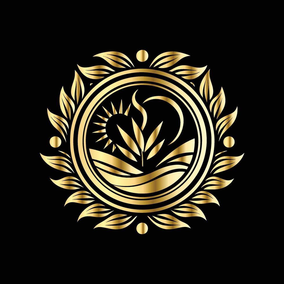 golden emblem with a sun and leaves on a black background vector
