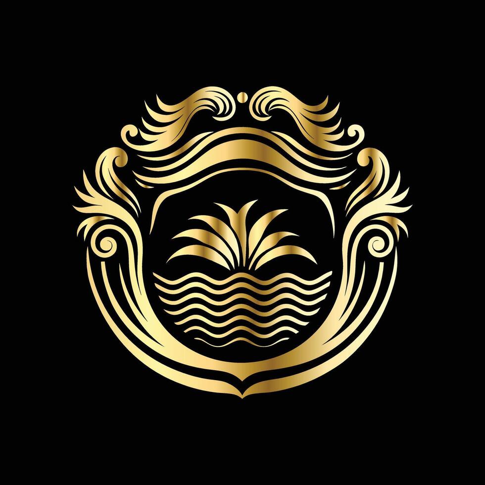 golden emblem with a wave and palm tree vector