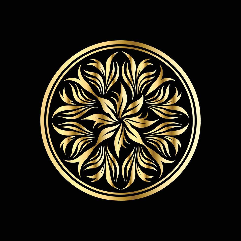 golden floral design in a circle on black background vector