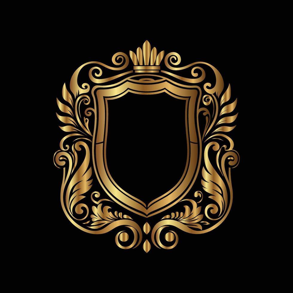 golden shield with ornate design on black background. set of decorative elements for design vector