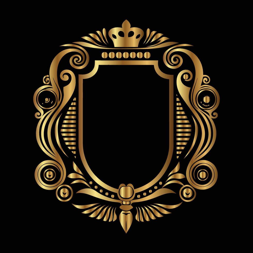golden royal emblem with crown on black background. set of decorative elements for design. vector