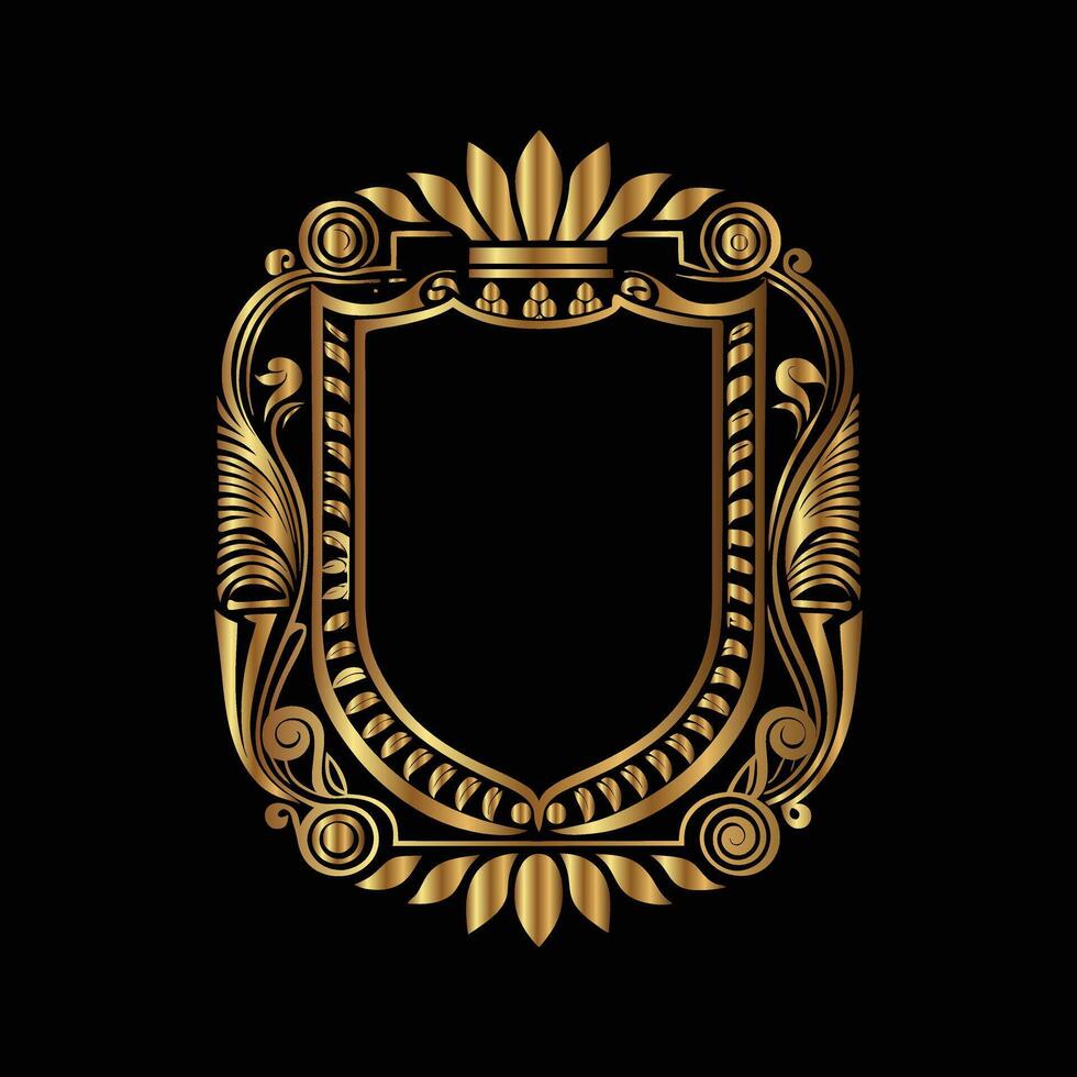 golden ornate frame with a crown and leaves on a black background vector
