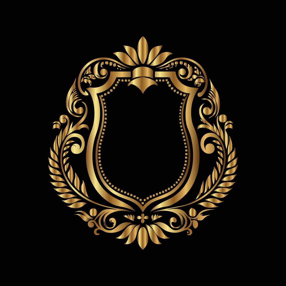 golden shield with ornate design on black background. set of decorative elements for design. vector
