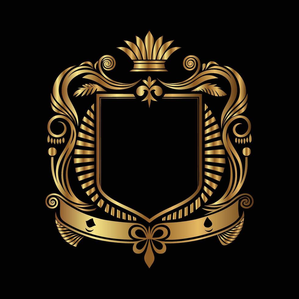 golden emblem with crown and ribbon on black background vector