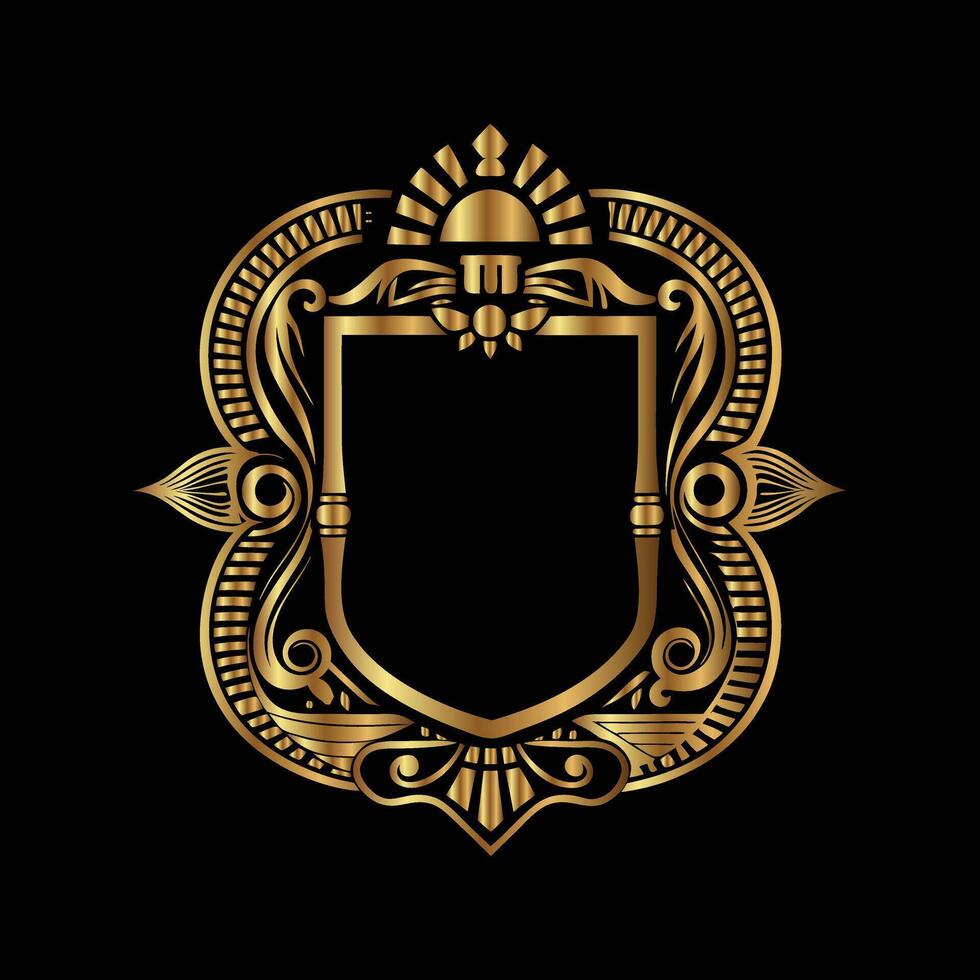 golden emblem with a shield and ornaments on a black background. vector
