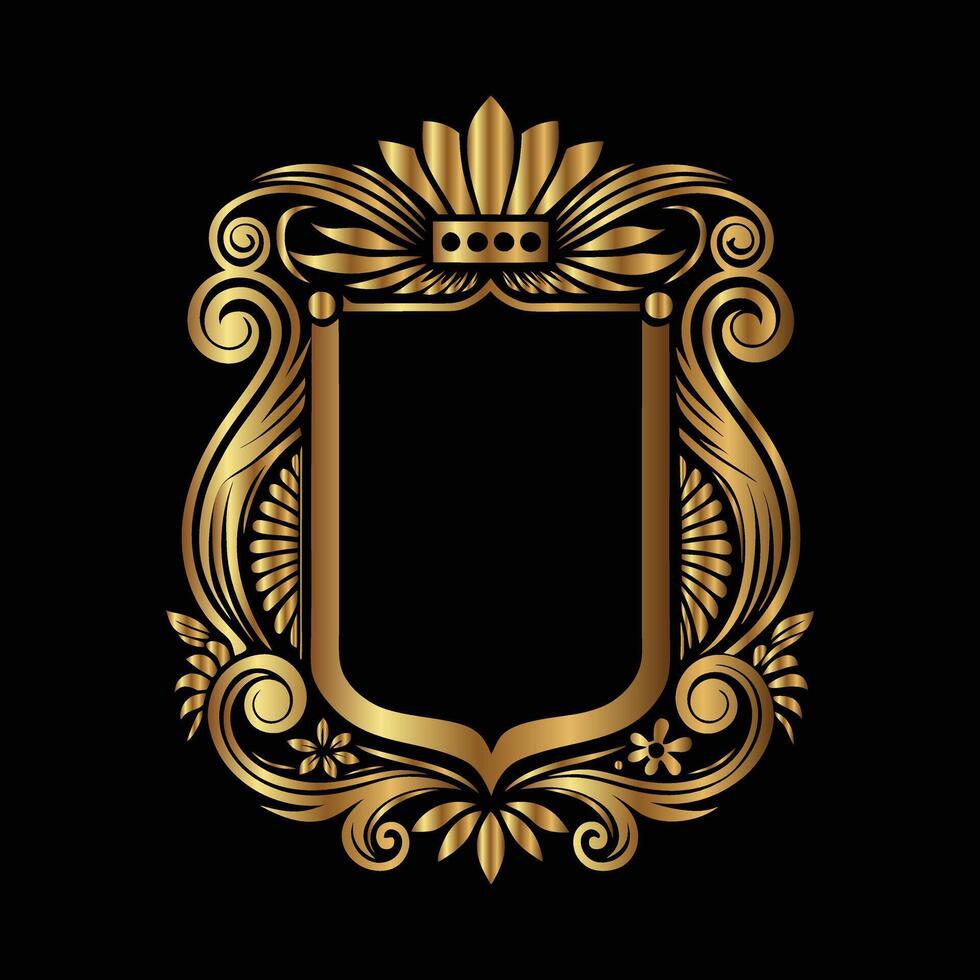 golden ornate frame with a crown and scroll on a black background. vector