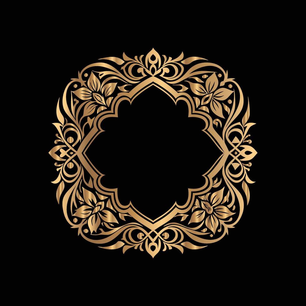 golden frame with floral pattern on black background. Floral golden border vector
