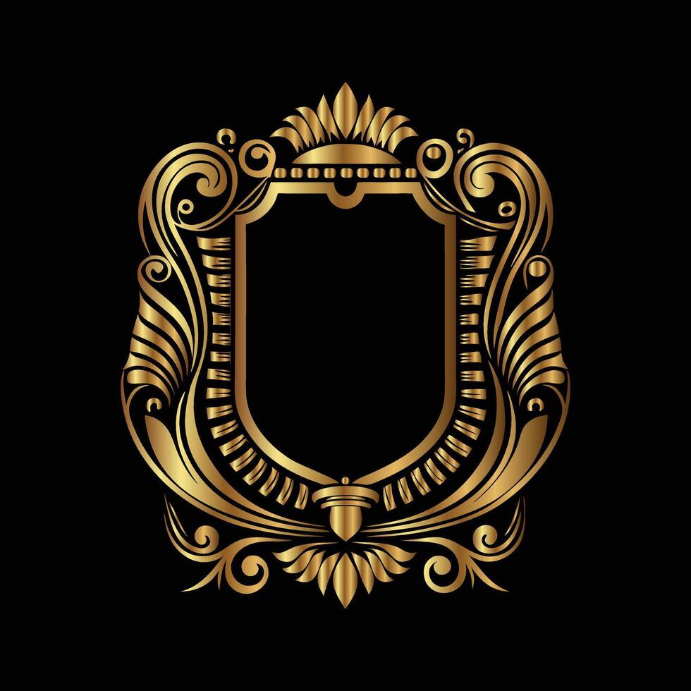 golden ornate shield with a crown on a black background vector