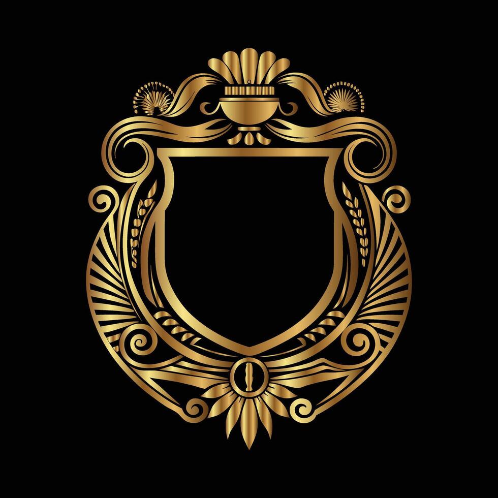 golden emblem with a crown and scroll on a black background. Elegant element for design in Eastern style, place for text vector
