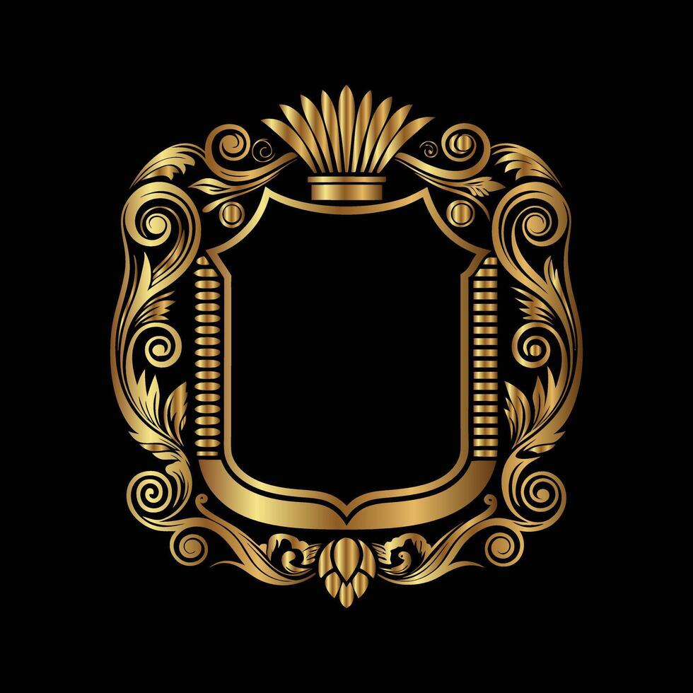 golden royal shield with crown and scroll on black background vector