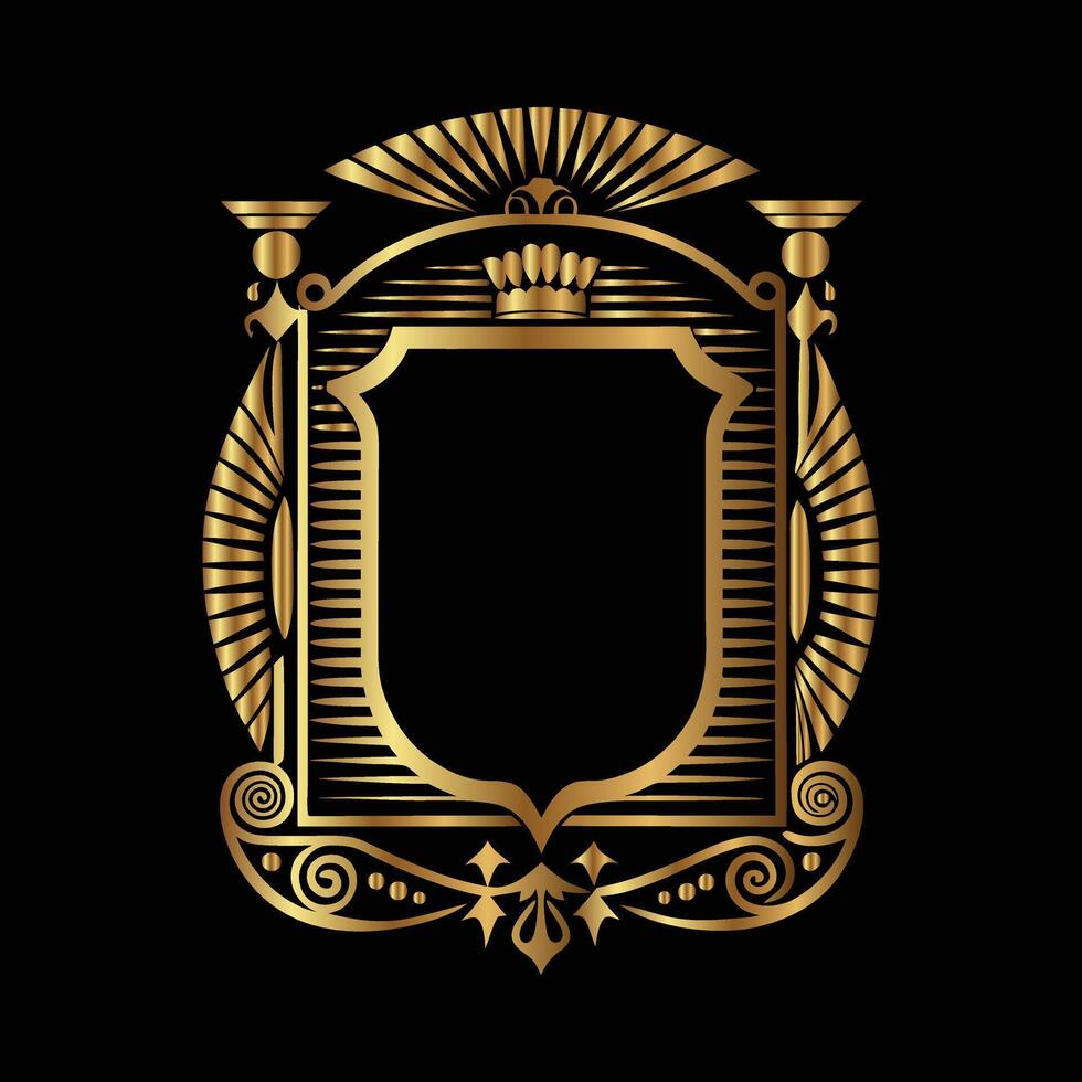 golden emblem with crown and scroll on black background vector