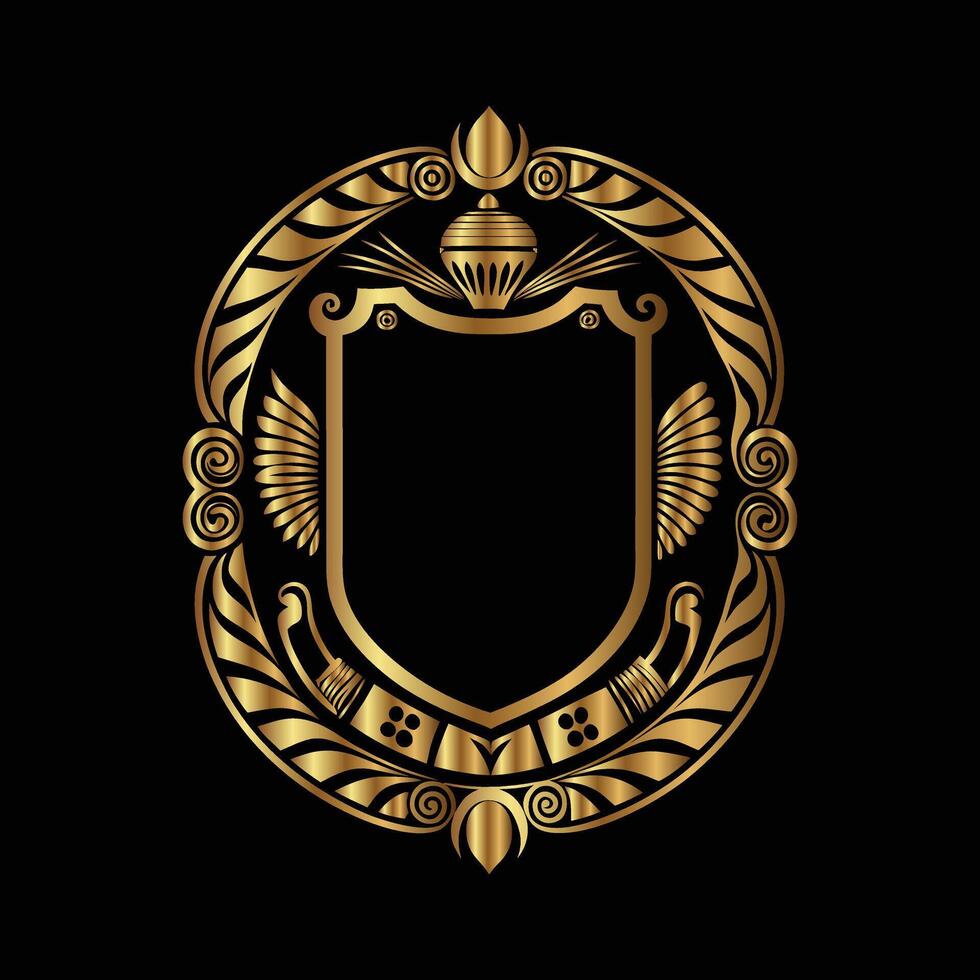 golden emblem with a shield and wings on a black background vector