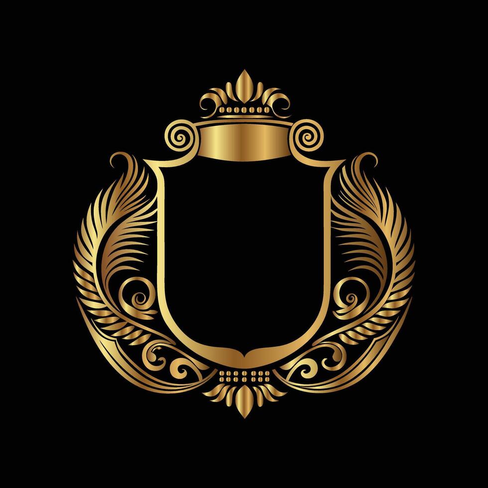 golden emblem with a shield and crown on a black background. Eastern style, place for text vector