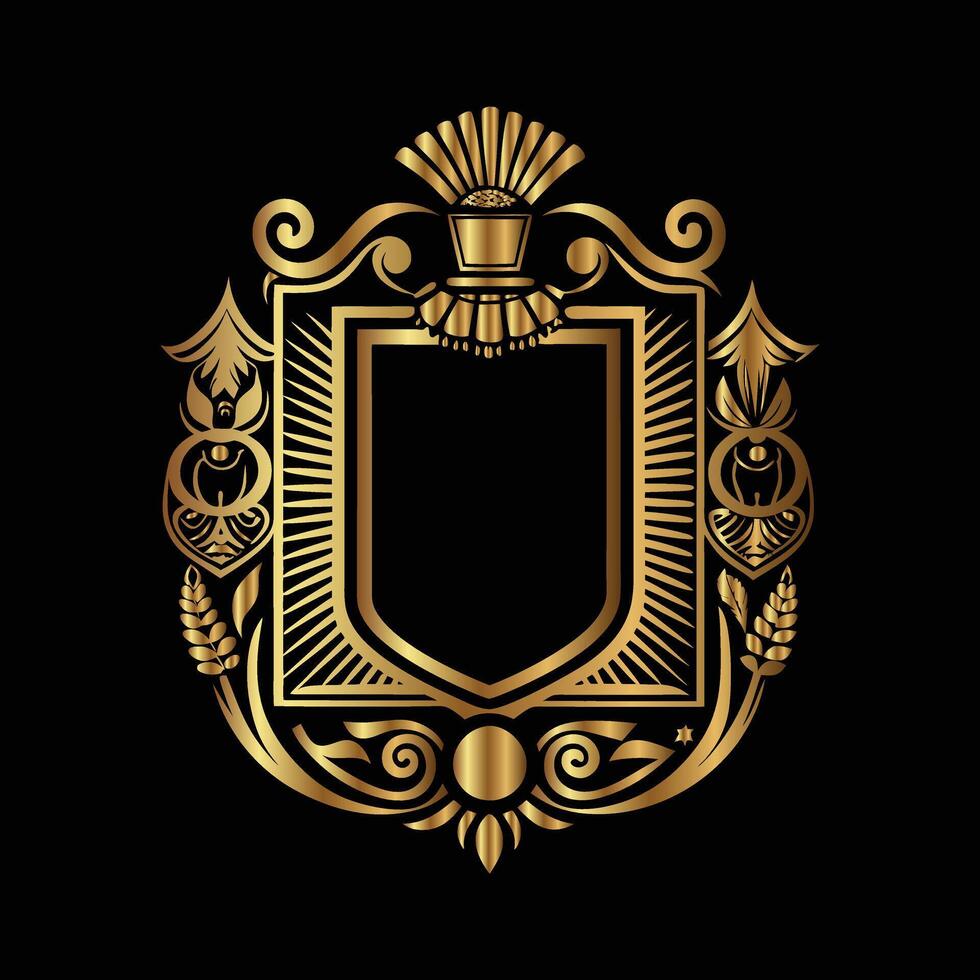 golden emblem of a coat of arms on a black background. vector