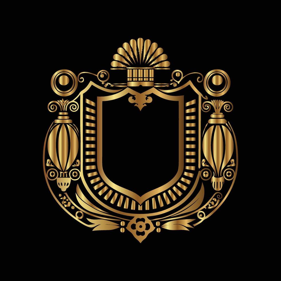 golden emblem of a coat of arms on a black background vector