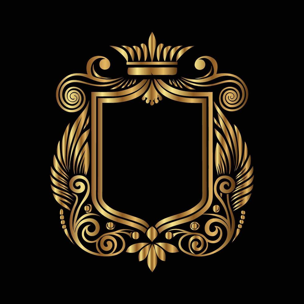 golden shield with crown and scroll on black background. Eastern style, place for text vector