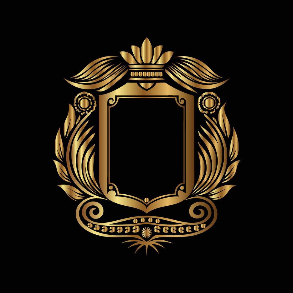 golden emblem with a crown and scroll on a black background. decorative frame vector