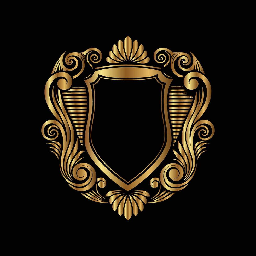golden shield with ornate design on black background. Eastern style, place for text vector