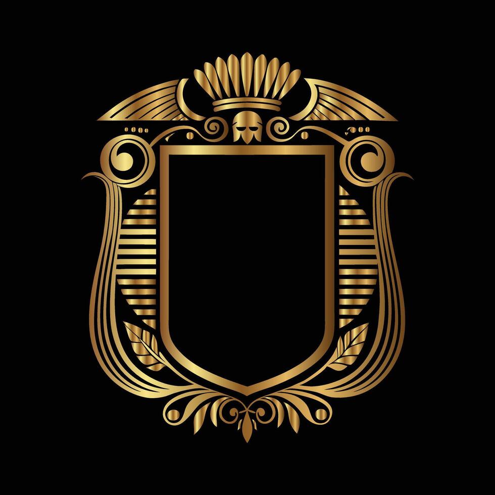 golden emblem with a crown and scroll on a black background. vector