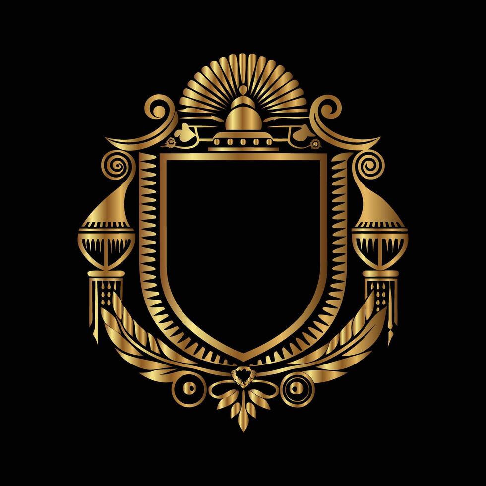golden emblem of a shield with a crown and ornaments vector