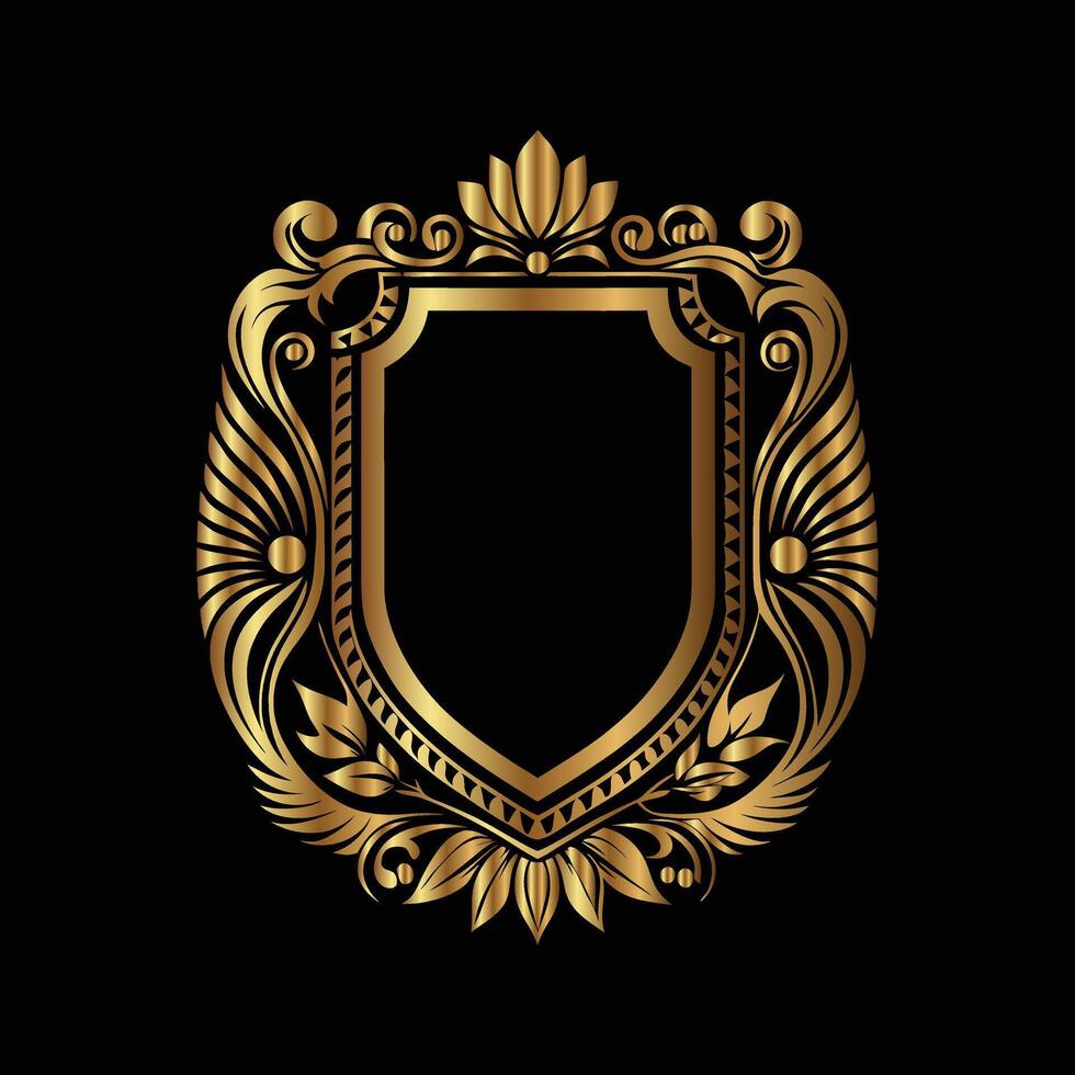 golden shield with ornate design on black background. decorative frame vector