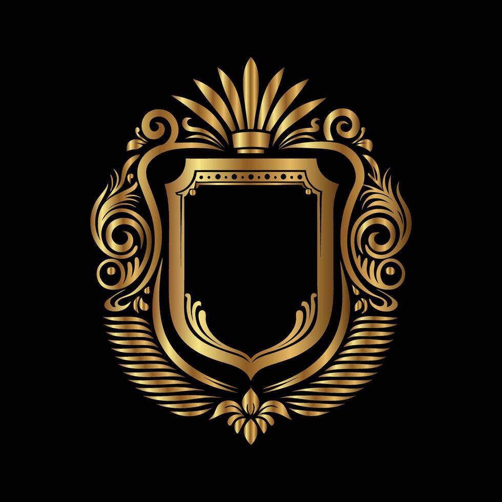 golden emblem with a shield and crown on a black background. decorative frame vector