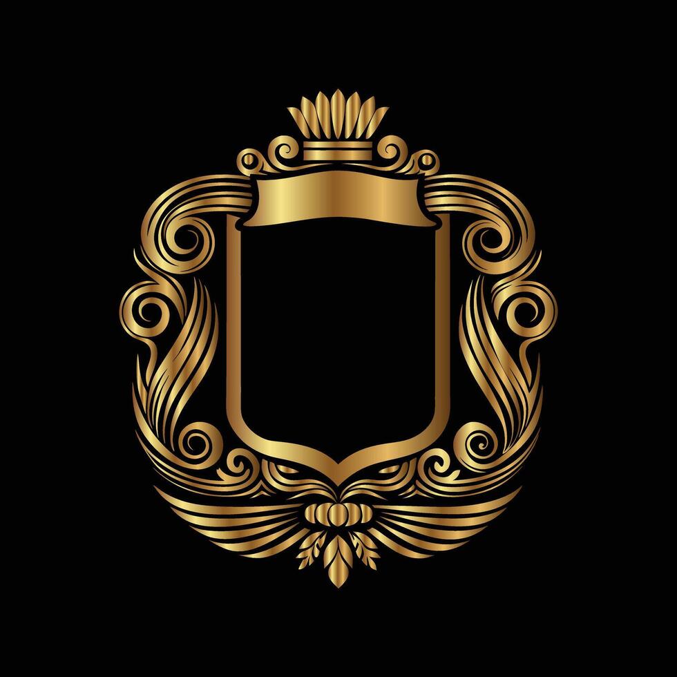 golden royal crest with crown and scroll on black background vector
