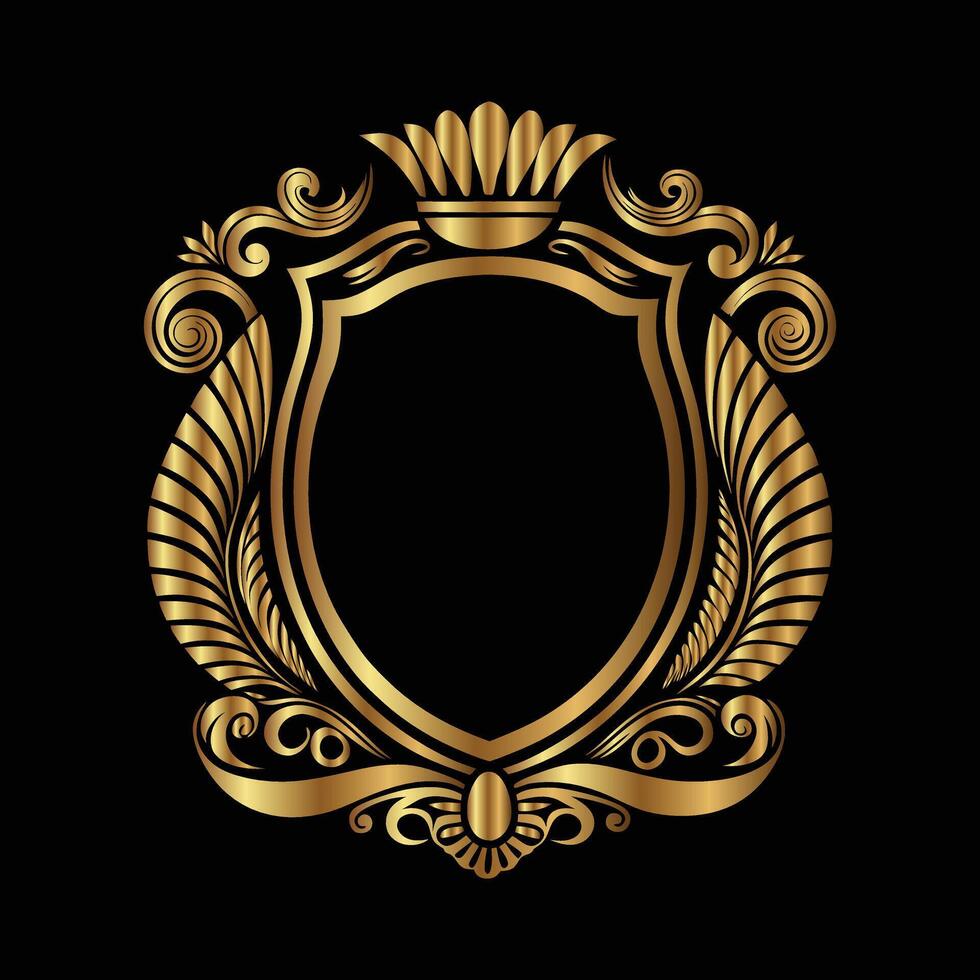 golden shield with crown and scroll on black background. vector