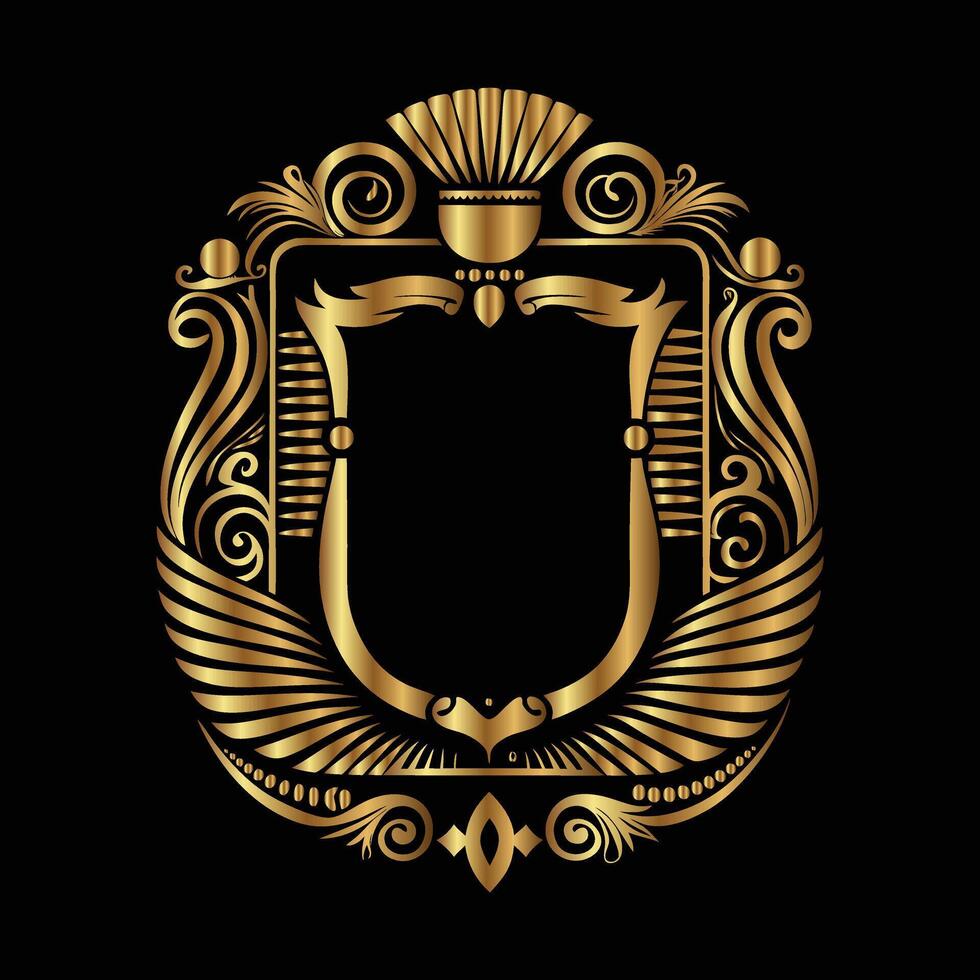 golden emblem with a shield and ornaments on a black background vector