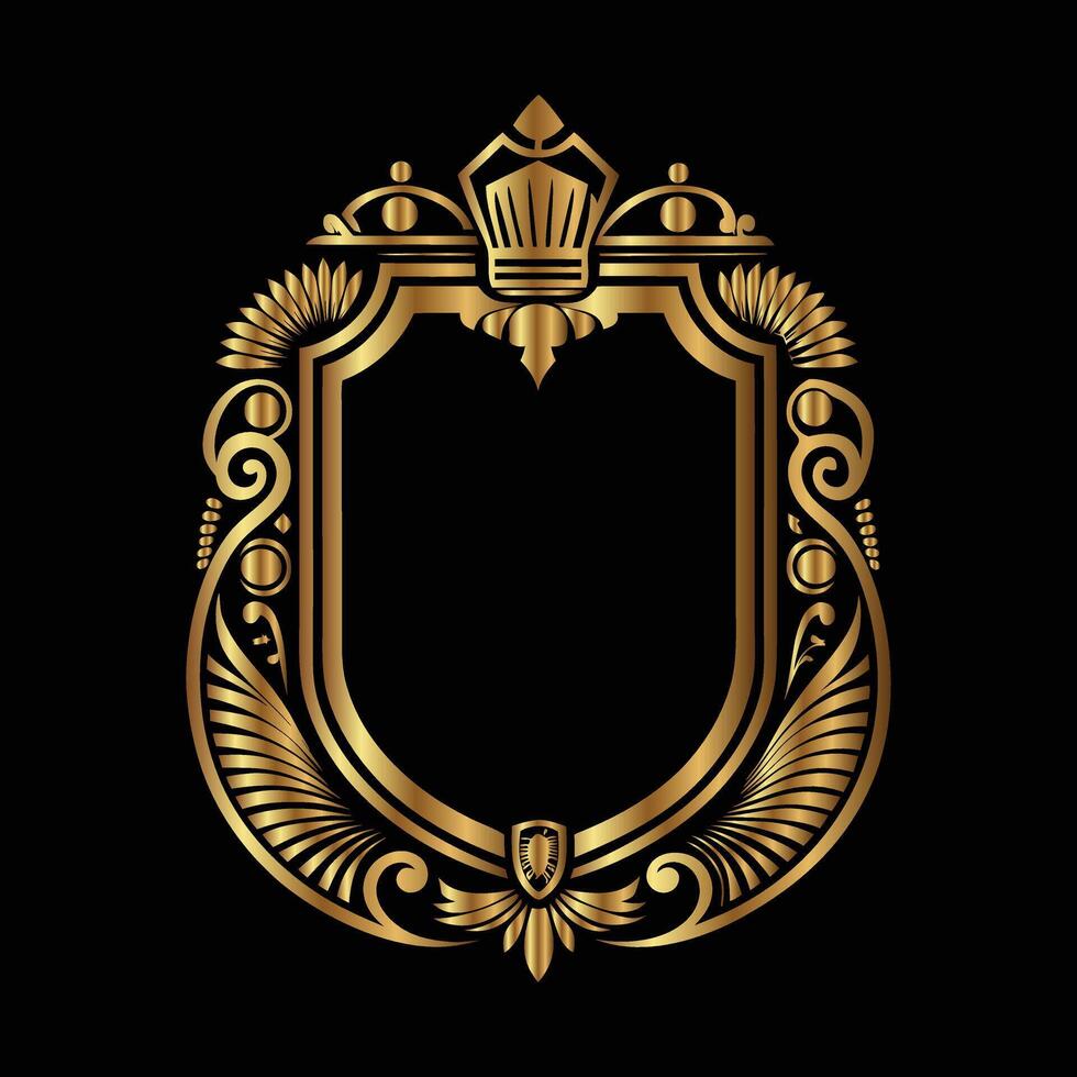 golden royal emblem with crown on black background. golden vintage frame with floral ornament vector