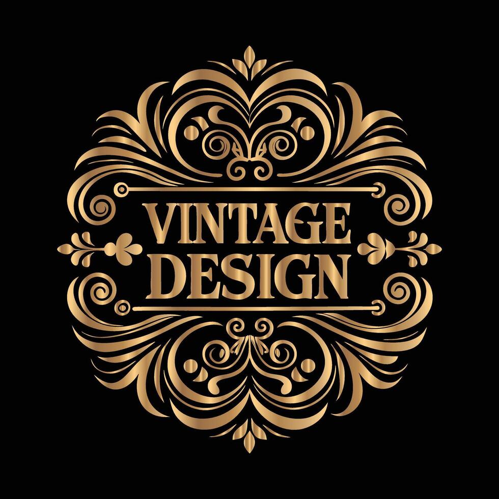 vintage design logo with gold swirls on black background. golden vintage frame with floral ornament vector