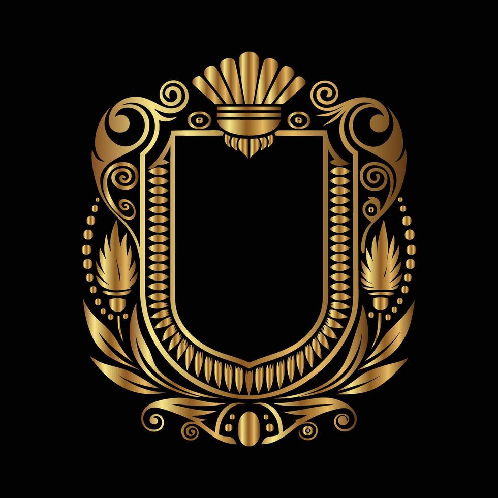 golden emblem on black background. golden vintage frame with floral ornament vector