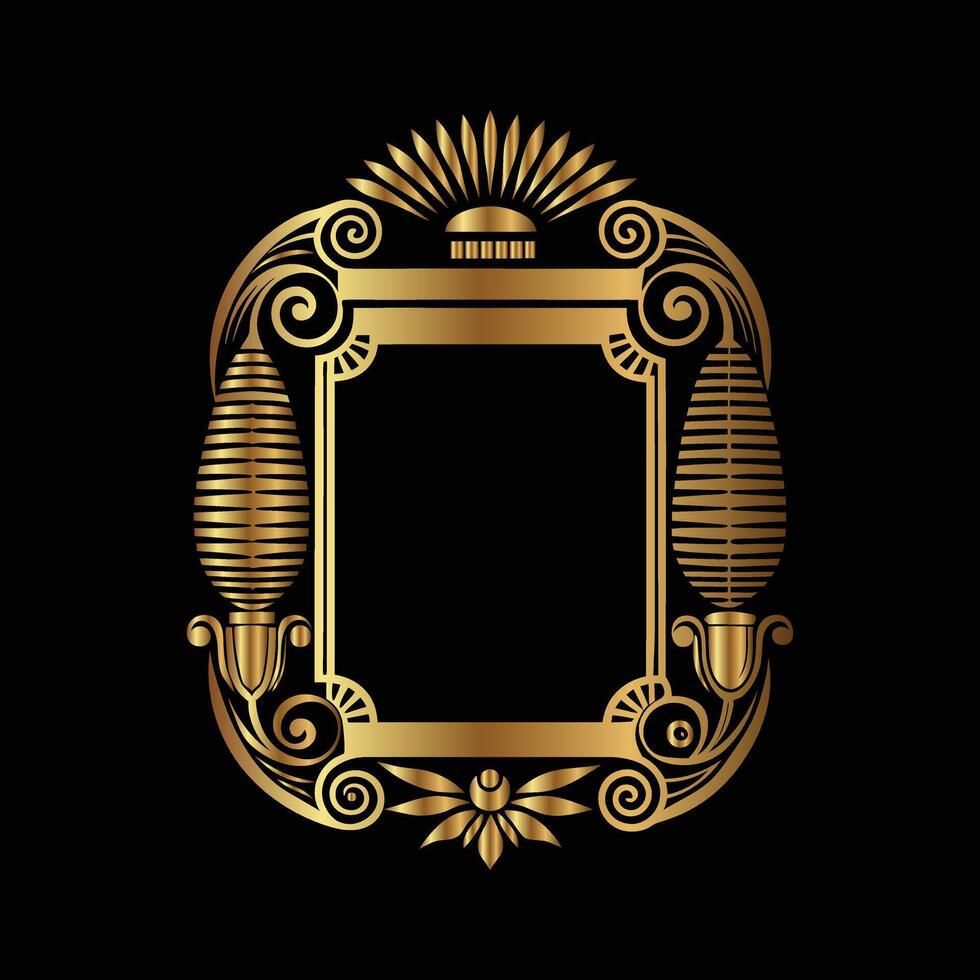 golden shield with crown and scroll on black background. decorative frame vector