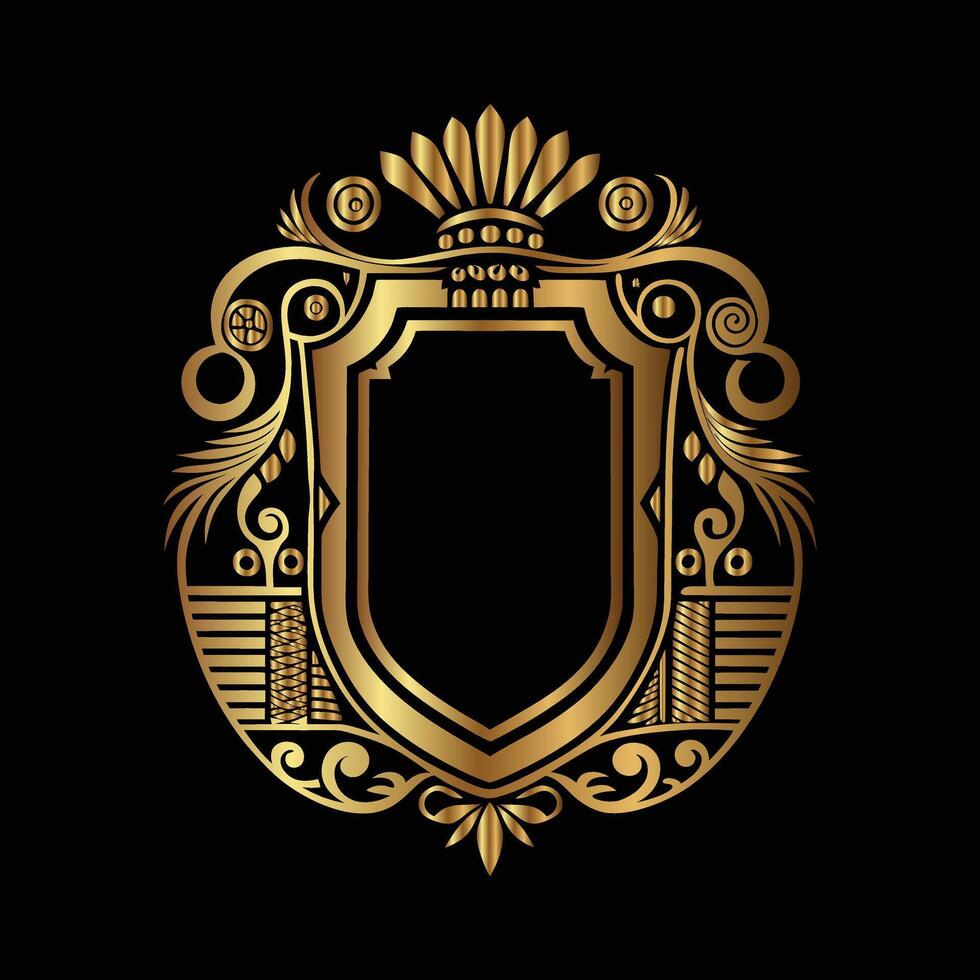 golden emblem with a crown and scroll on a black background vector