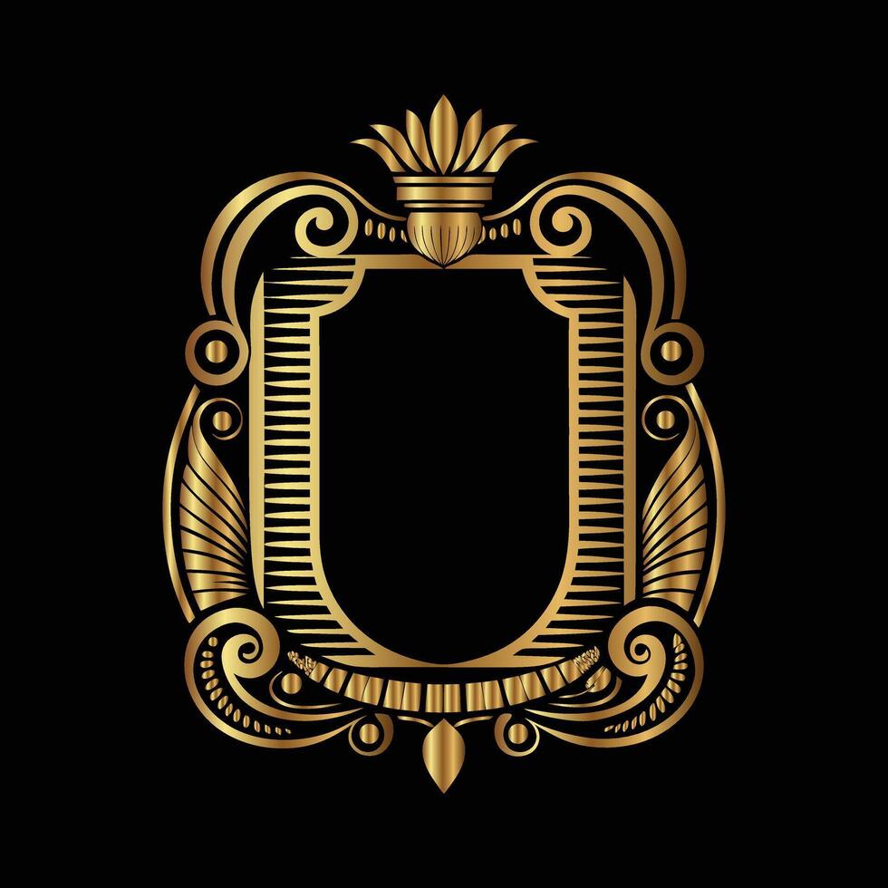 golden ornate frame with a crown on a black background vector