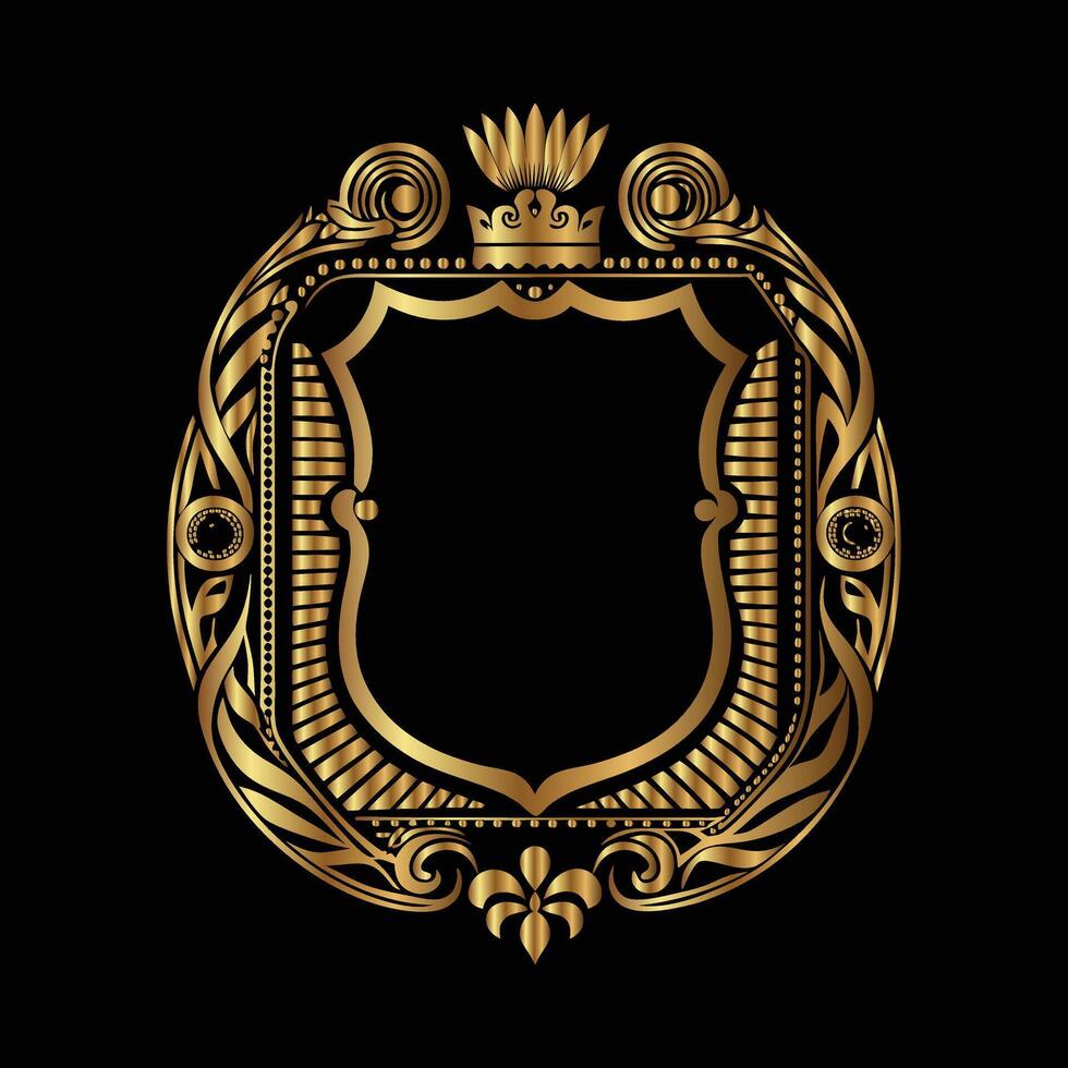 golden royal emblem with crown on black background. vector