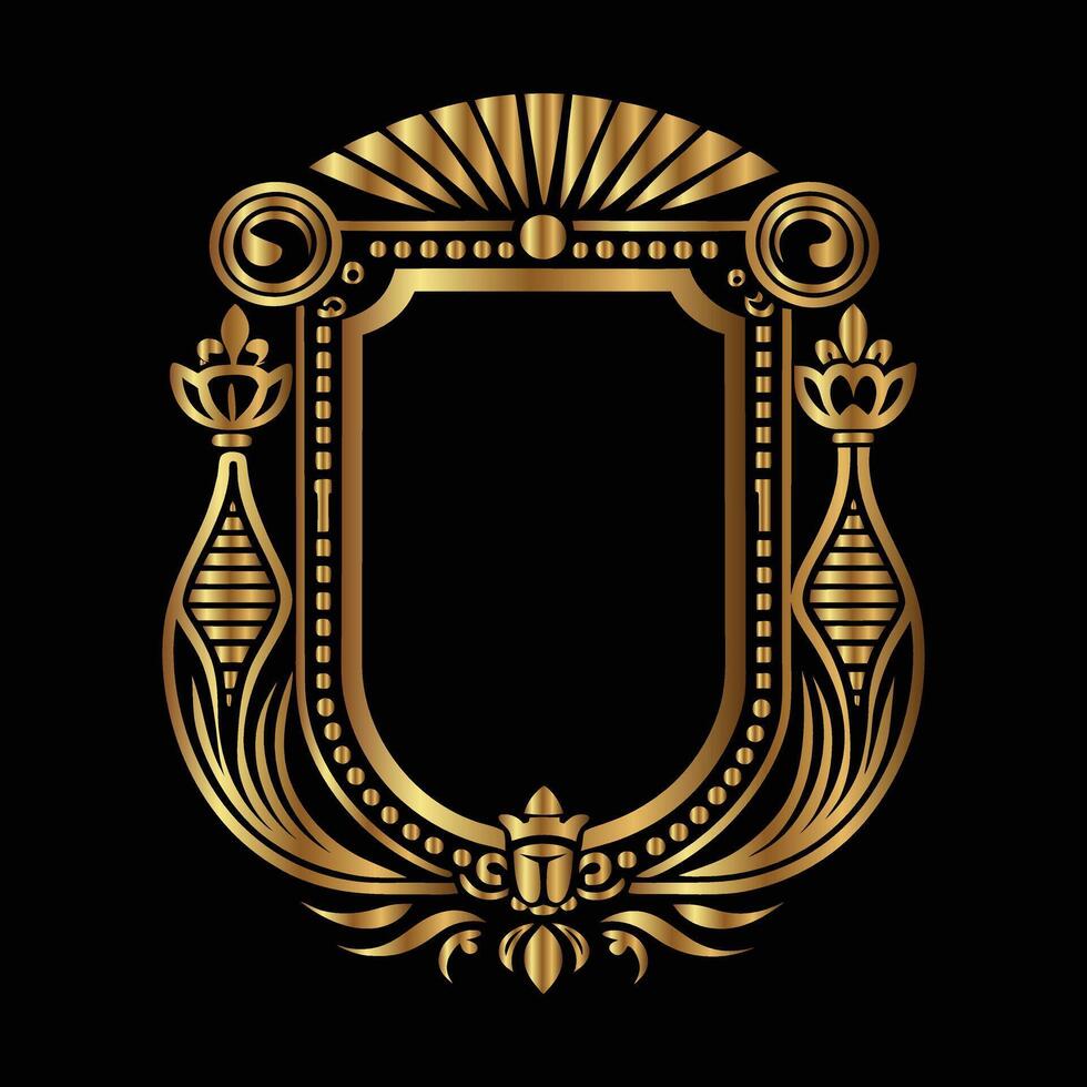 golden ornate frame with a crown and scroll on a black background vector